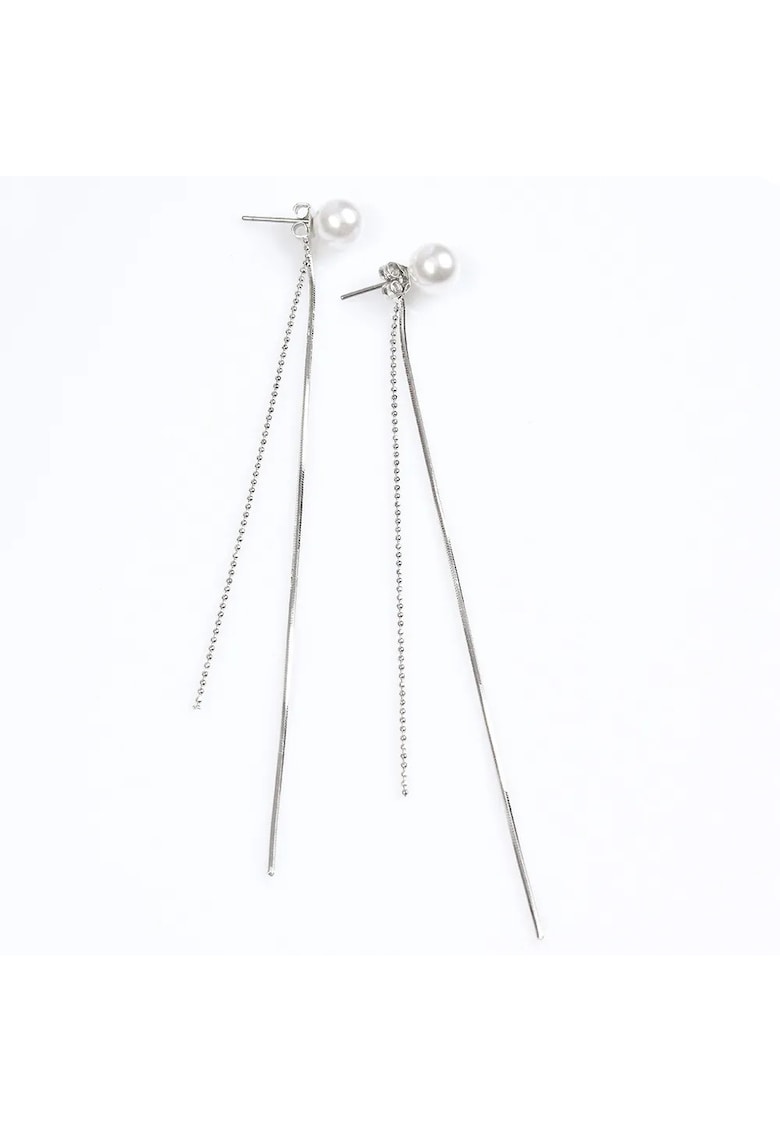 Cercei lungi argintii cu perla si lanturi fine -  Paris