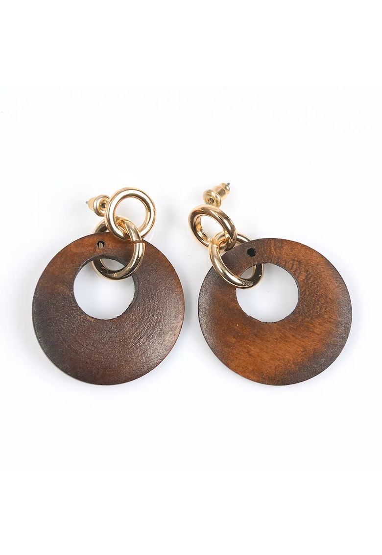Cercei rotunzi cu elemente din lemn si inele aurii -  Paris