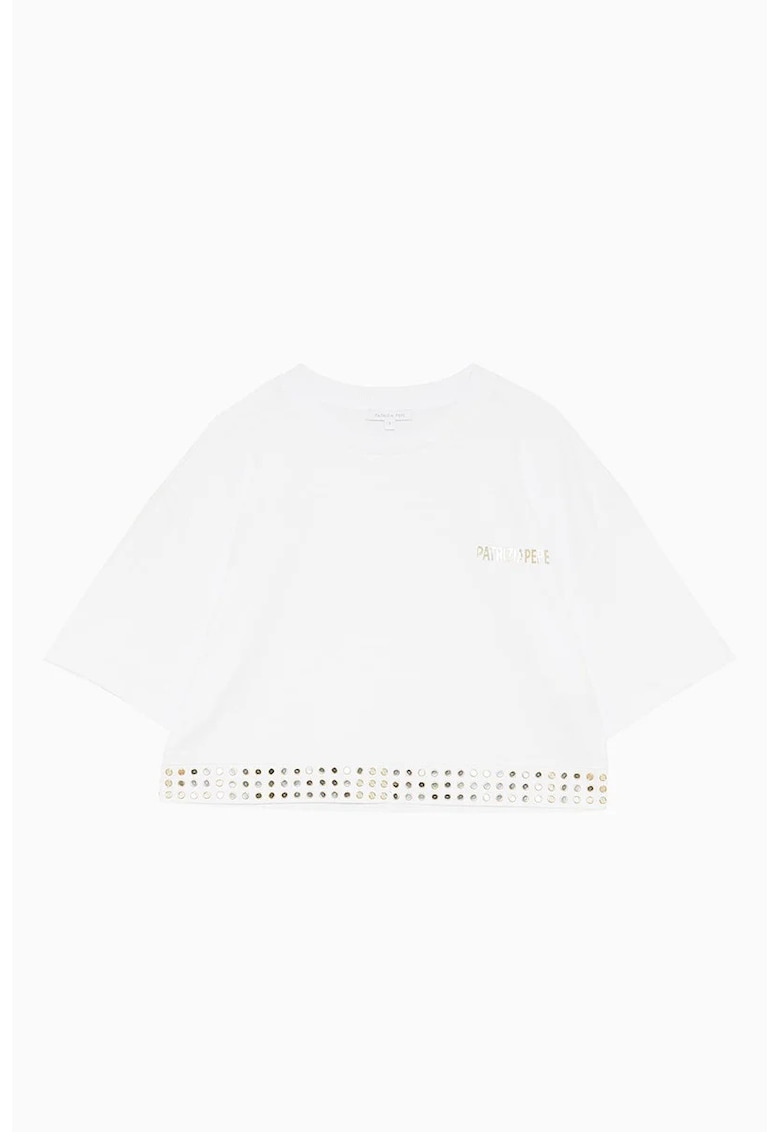 Tricou crop - cu detalii micro tip oglindă aplicate în trei rânduri Tricou crop - cu detalii micro tip oglindă aplicate în trei rânduri