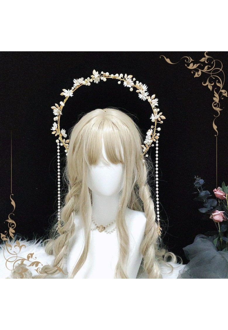 Tiara Halo - handmade - aurie - cu flori albe si perle - Emelia C1 -