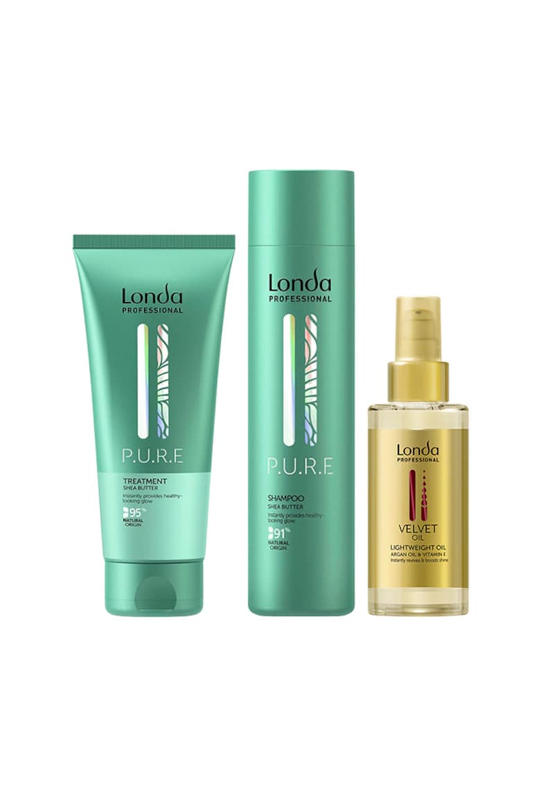 Pachet  PURE - Sampon 250 ml - Tratament 200 ml cu unt de shea - Ulei de par Velvet Oil 100 ml - normal - pentru femei