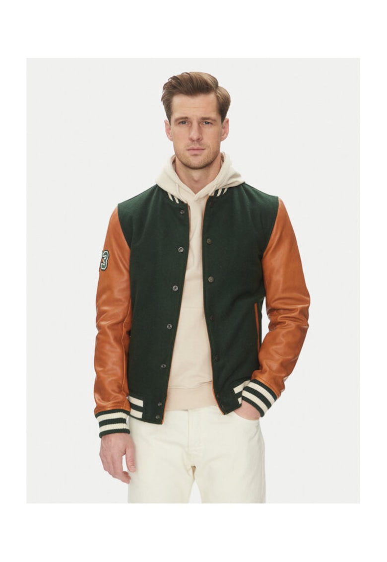 Geaca barbati - Varsity Bomber - piele naturala - verde - maro