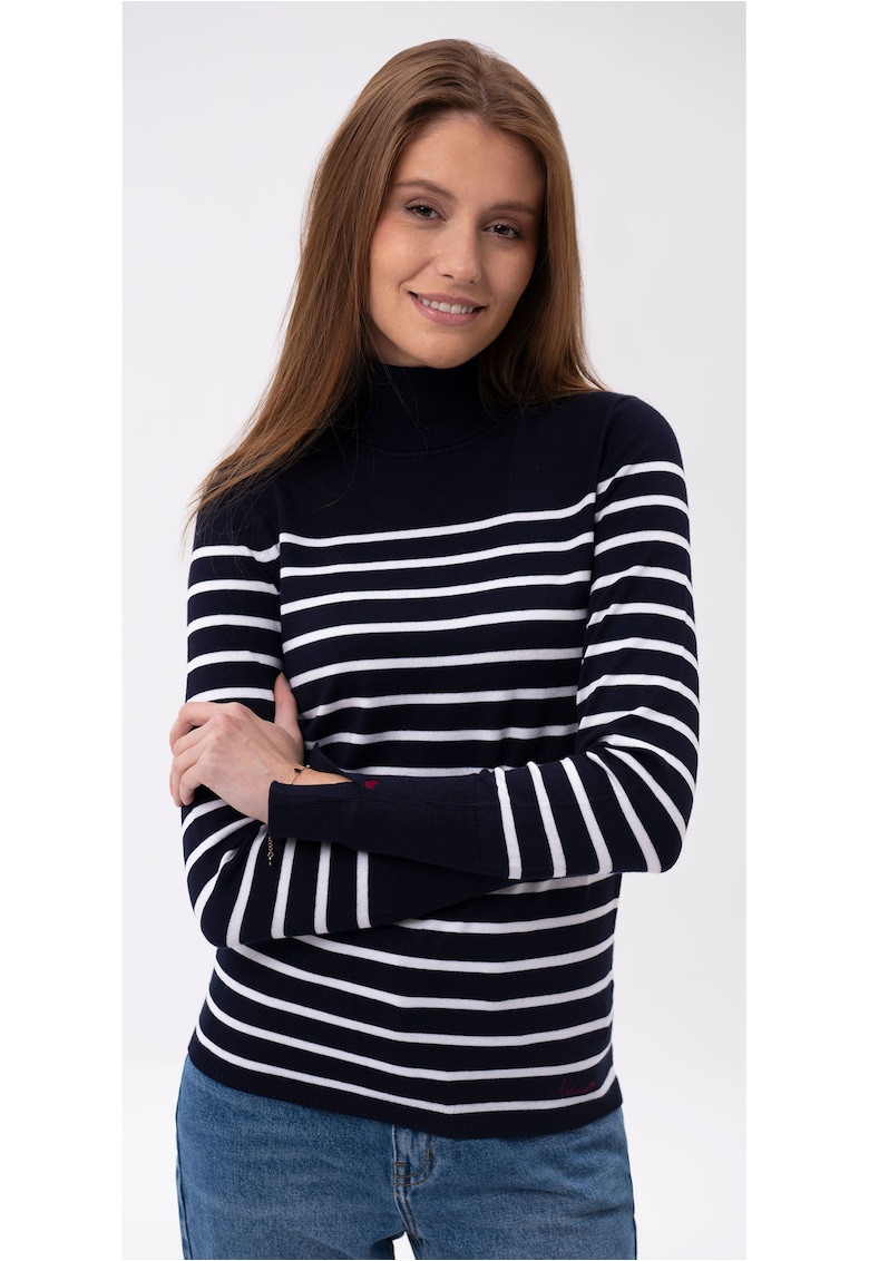 Pulover cu guler dama S-Jane - albastru marin cu dungi