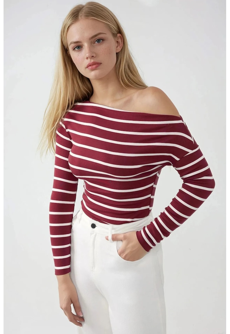 Bluza dama - cu maneca lunga - guler Carmen - rosu - jerseu