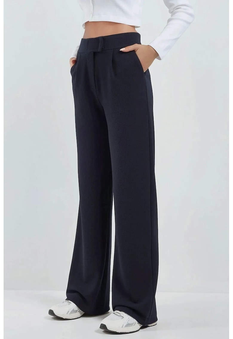 Pantaloni pentru dama -  Palazzo - talie inalta - textil - bleumarin