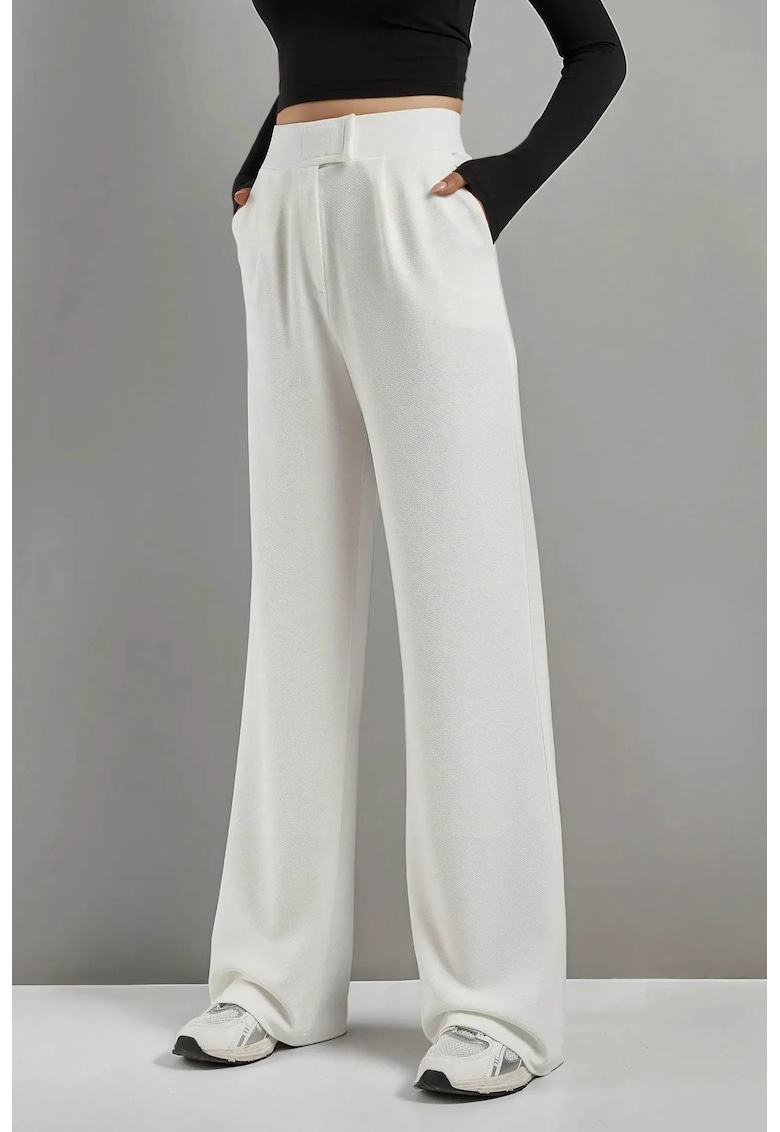 Pantaloni pentru dama - Palazzo - talie inalta - textil - alb