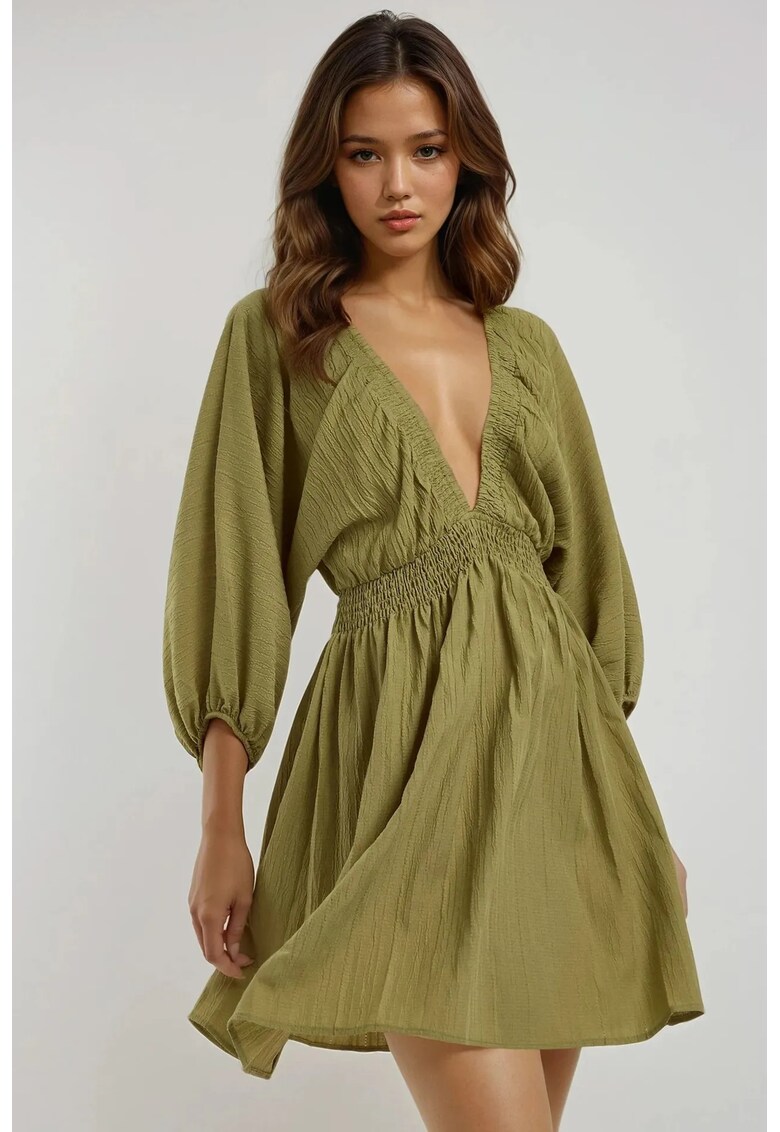 Rochie mini decolteu in V - maneci lungi - verde - textil