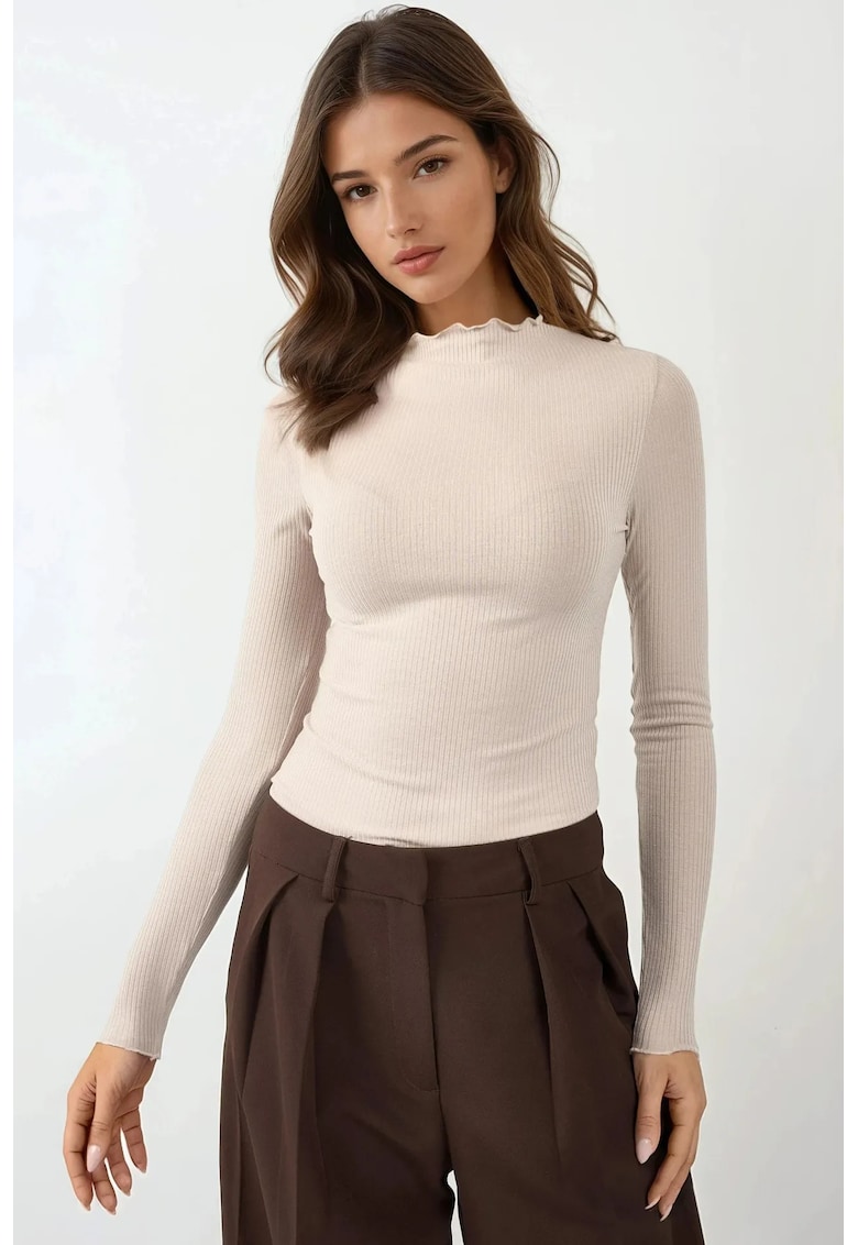 Bluza dama - texturata - guler rotund - maneca lunga - bej - jerseu