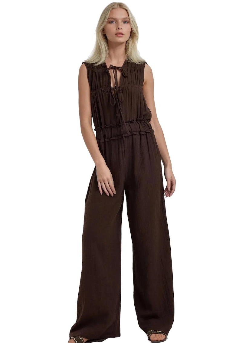 Salopeta dama - texturata - croi larg - guler rotund - maro - textil