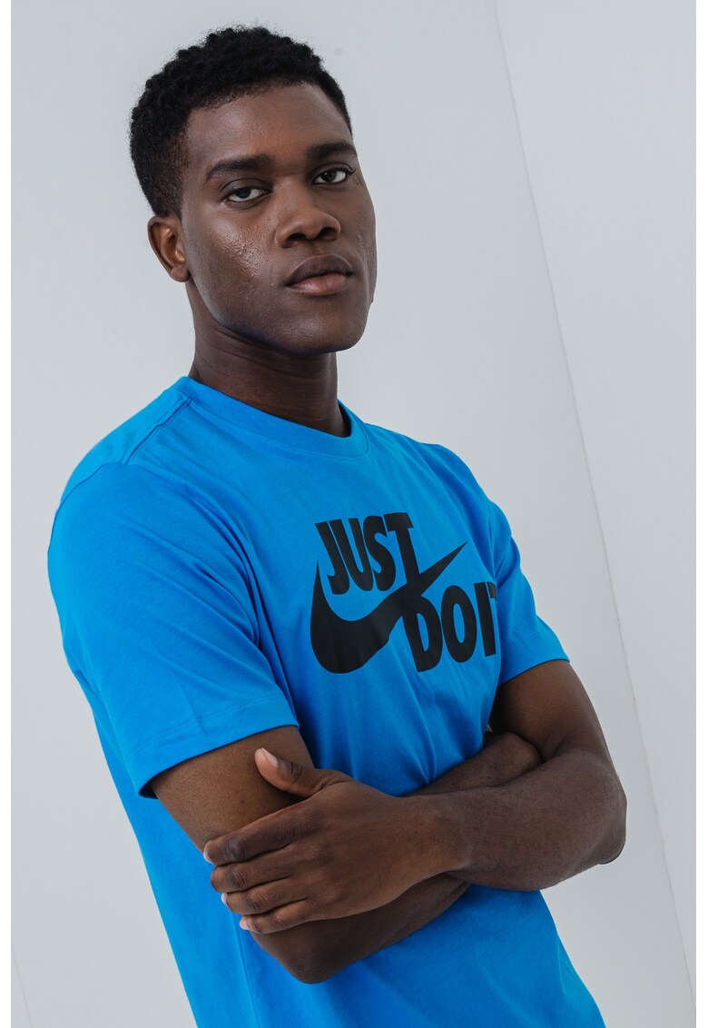 Tricou de bumbac cu imprimeu logo si text Swoosh - Negru/Albastru deschis