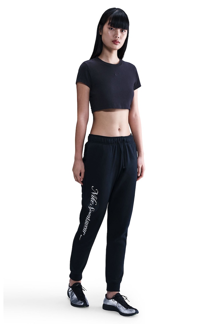 Pantaloni de trening cu imprimeu text si talie medie