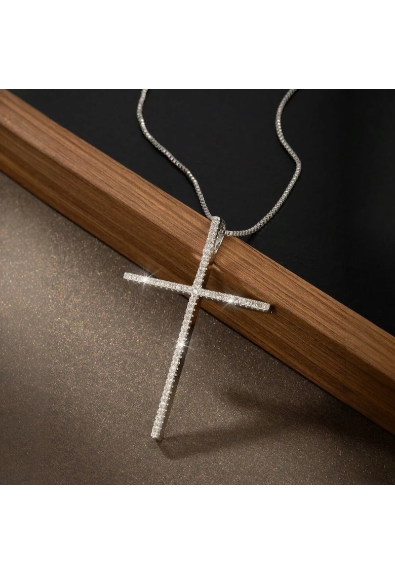 Colier argintiu - din otel inoxidabil - suflat cu aur 18k - cu pandantiv cruce si pietre din zirconiu - Darya C4