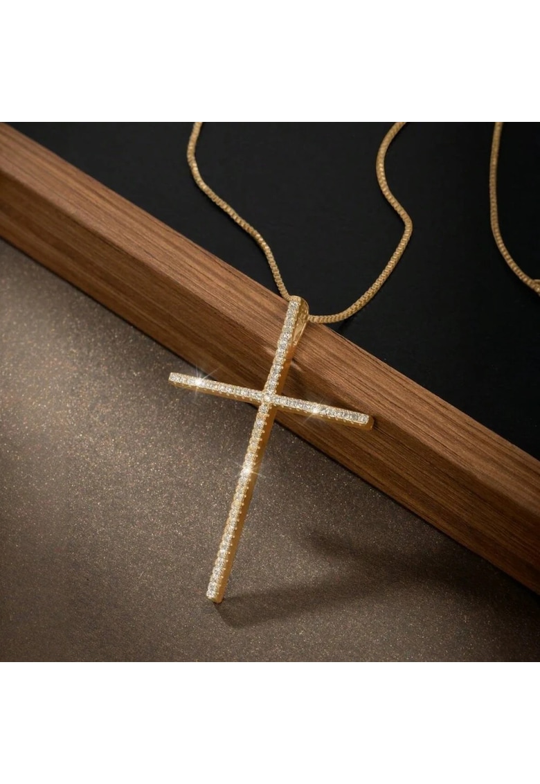 Colier auriu - din otel inoxidabil - suflat cu aur 18k - cu pandantiv cruce si pietre din zirconiu - Dario C7