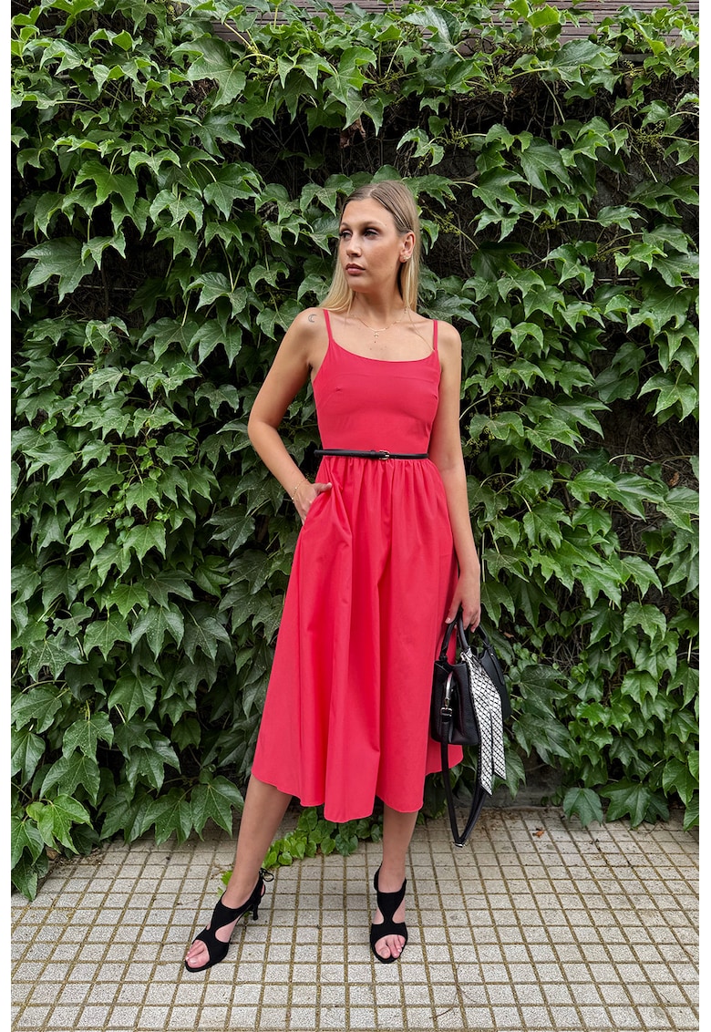 Rochie midi evazata cu curea subtire in talie - Coral