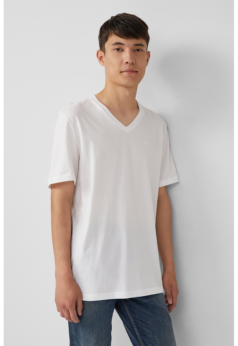 Tricou din bumbac cu decolteu in V - Alb