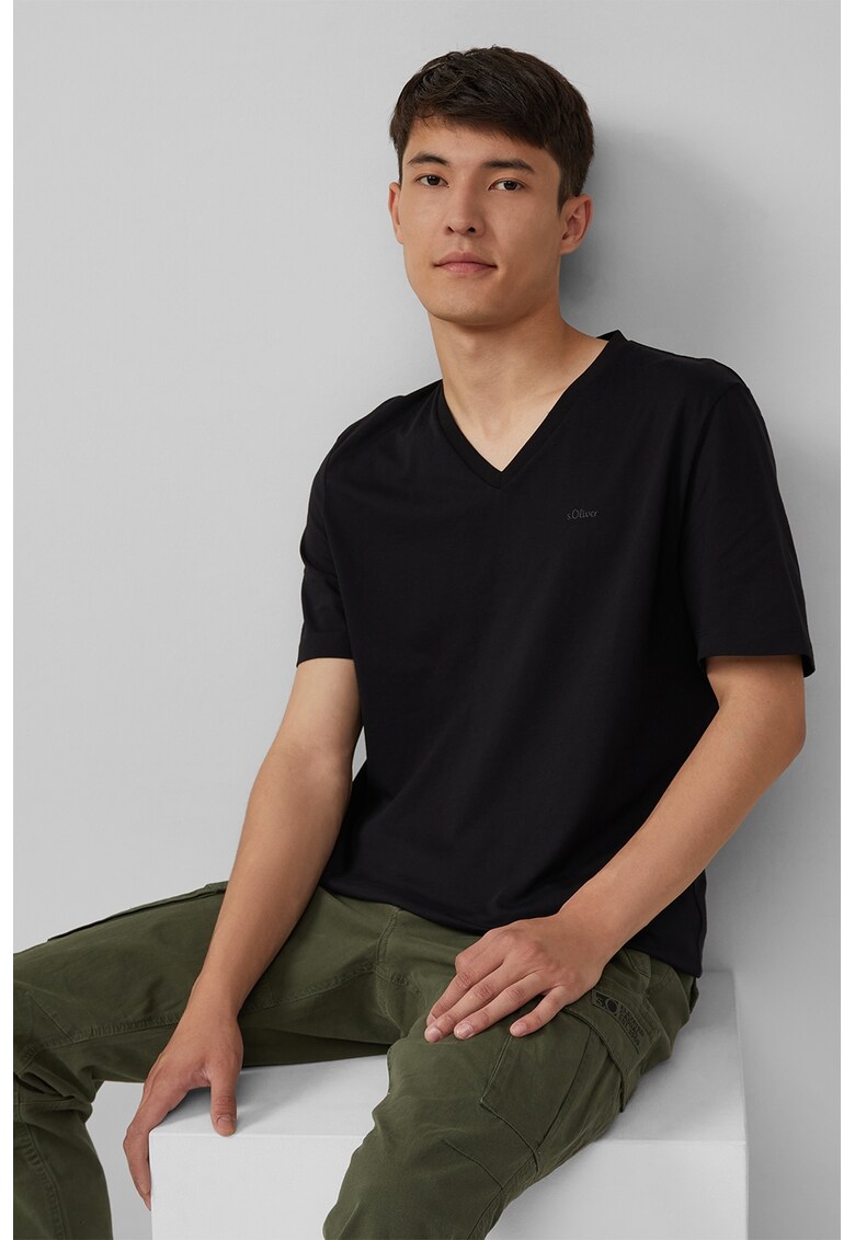 Tricou din bumbac cu decolteu in V - Negru