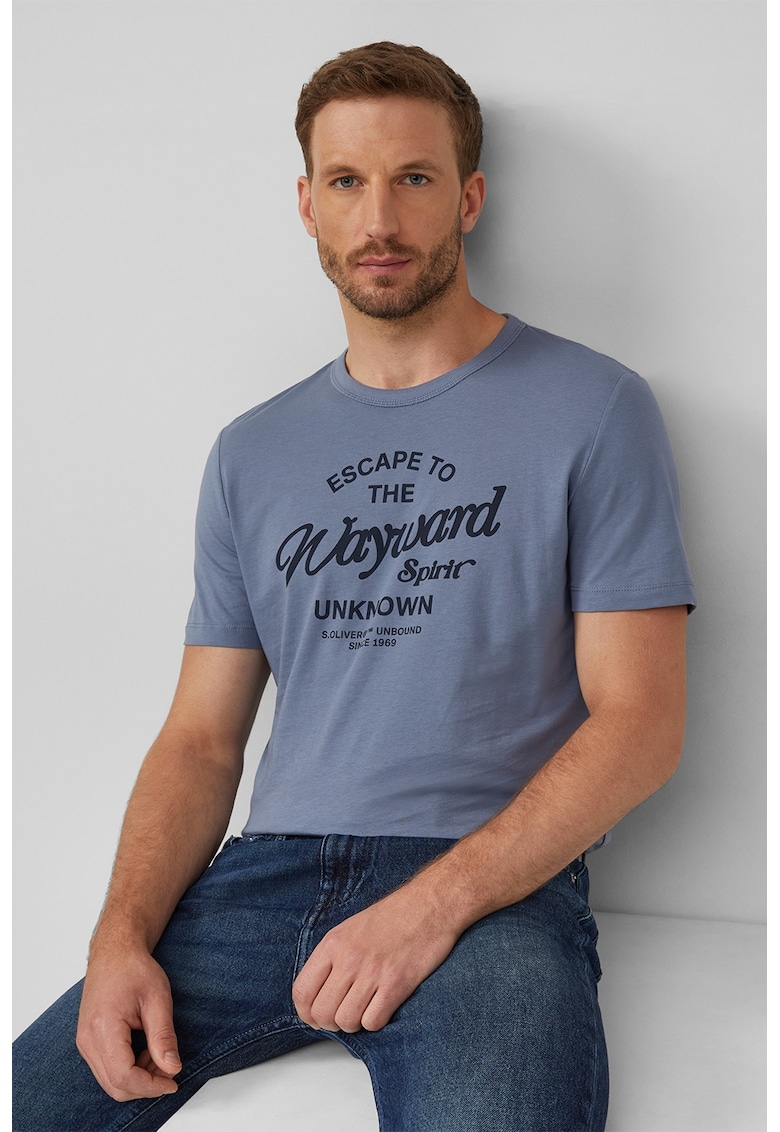 Tricou cu logo si decolteu la baza gatului - Albastru inchis