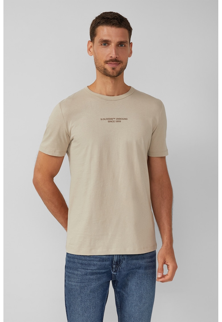 Tricou cu logo si decolteu la baza gatului - Bej