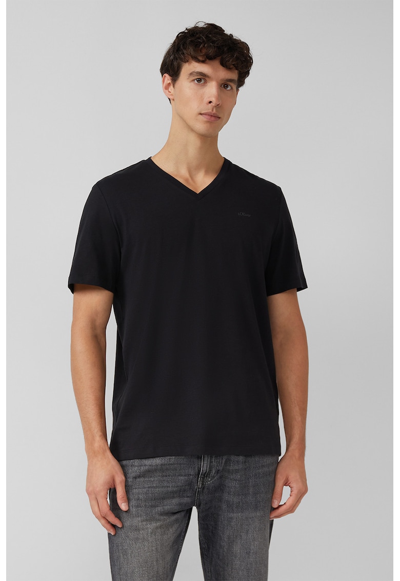 Tricou de bumbac cu decolteu in V - Negru