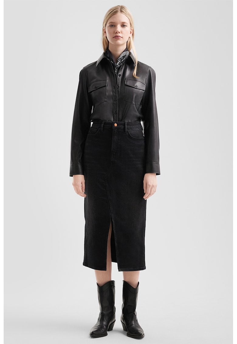 Fusta midi de denim cu slit frontal