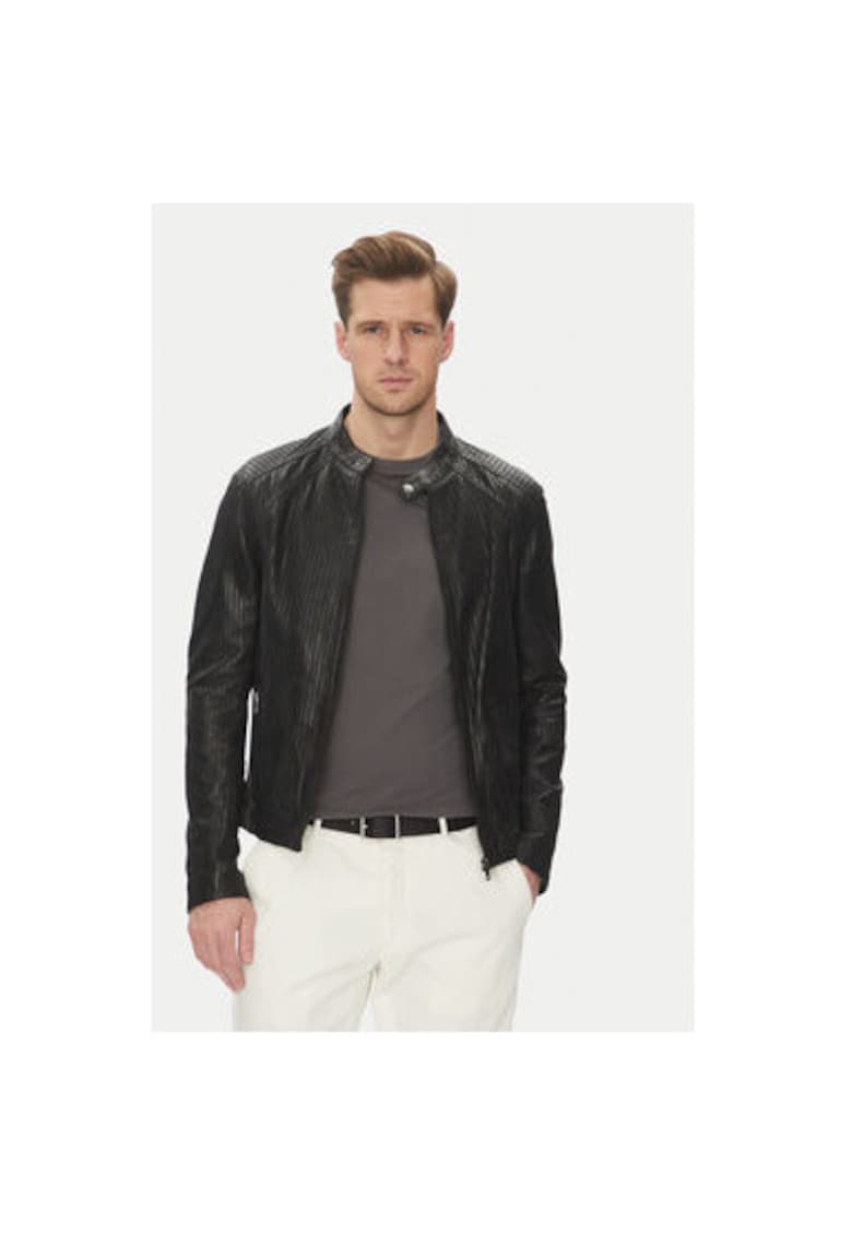 Geaca din piele barbati LENI PERFORATED - Piele naturala - Negru - Negru