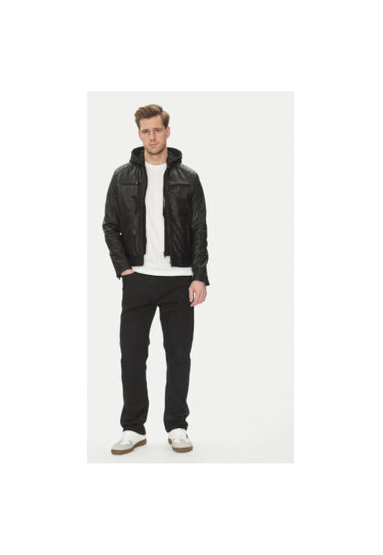 Geaca din piele barbati SEAN HOOD - Piele naturala - Negru - Negru
