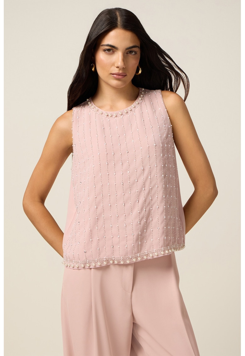 Bluza fara maneci cu perle sintetice - Alb/Roz pastel