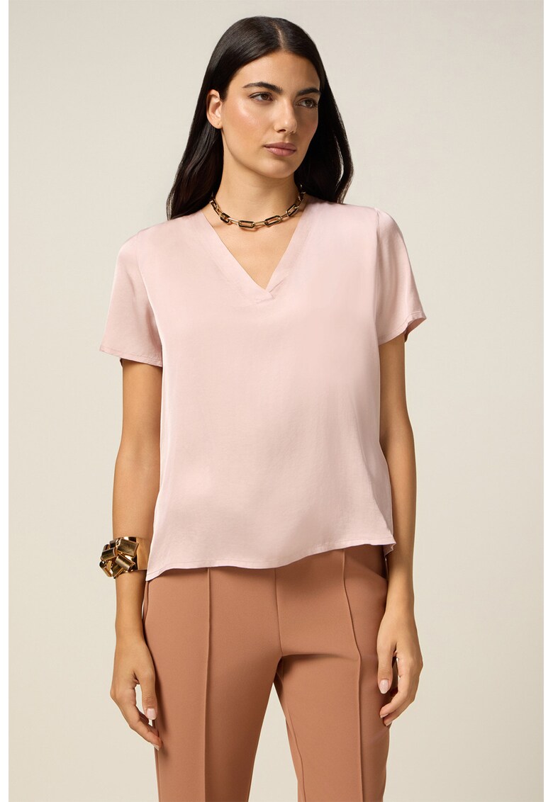 Bluza cu decolteu in V si maneci scurte - Roz pastel