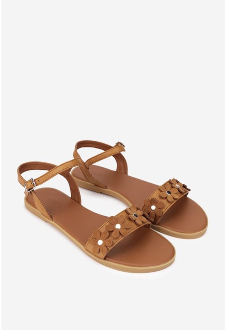Sandale dama din piele texturata maro cu ornament flori