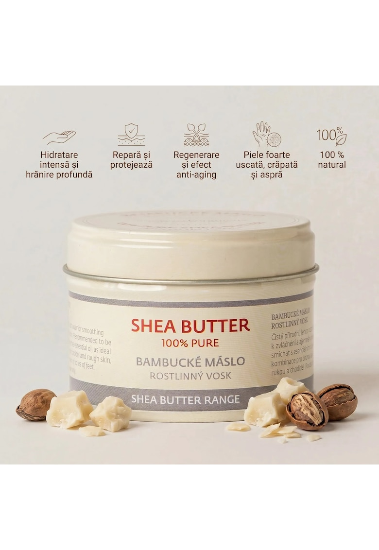 Unt de Shea Pur 100% natural - tratament pentru pielea uscata - aspra si crapata - in special pentru maini si talpi - repara si protejeaza - hidratare intensa si hranire profunda - 70 gr