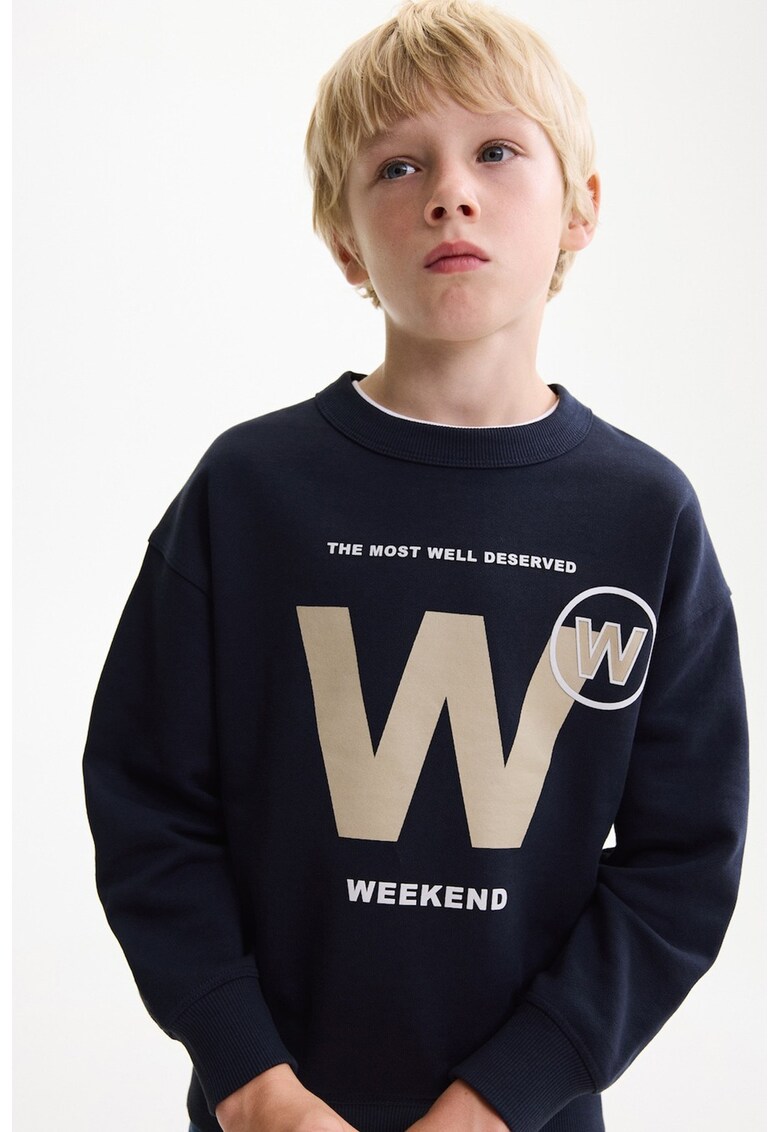 Bluza de trening cu imprimeu text - Albastru ultramarin/Maro camel