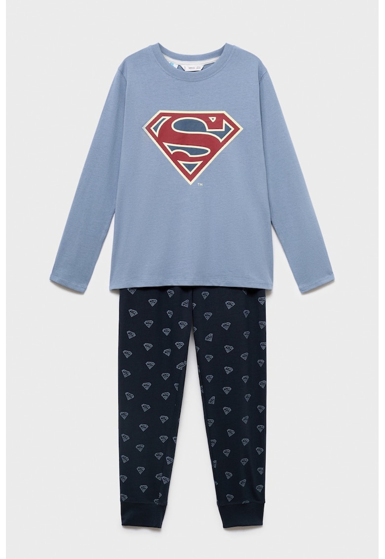Pijama de bumbac cu pantaloni lungi si imprimeu Superman