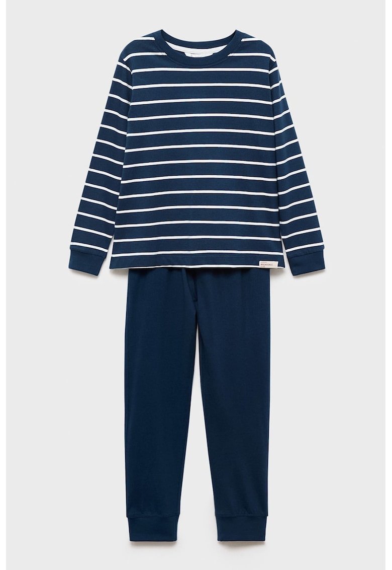 Pijama lunga din bumbac cu model in dungi - Alb/Bleumarin