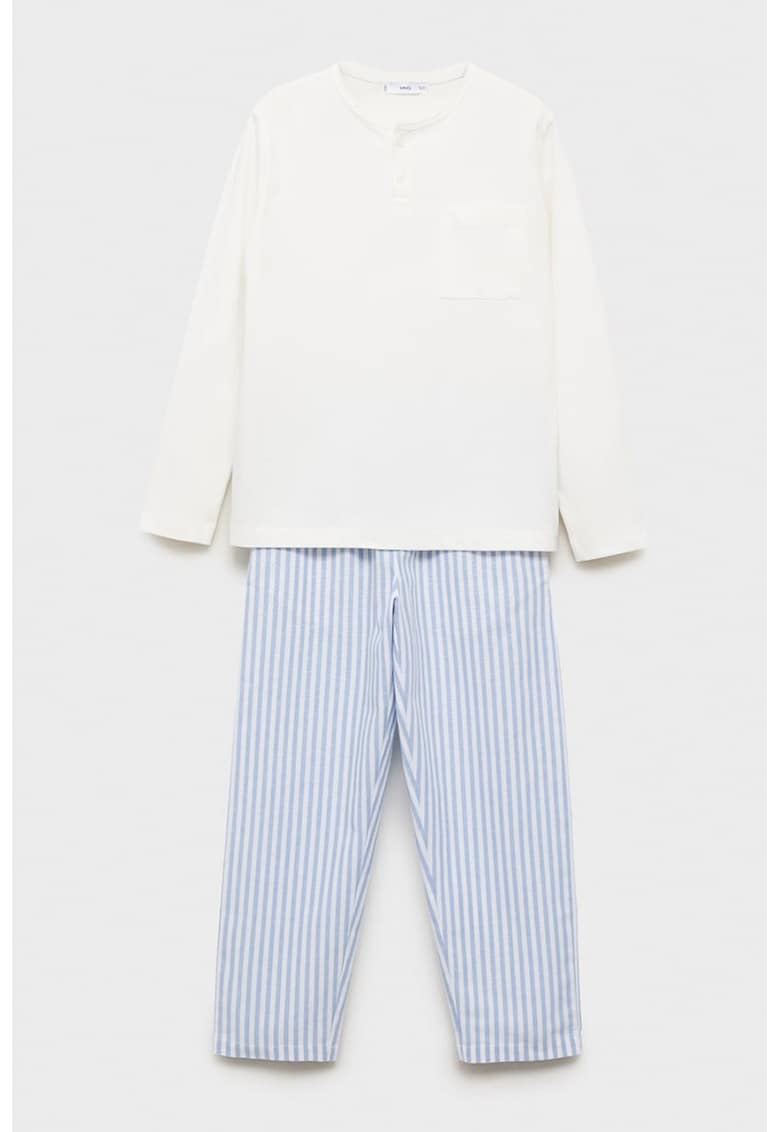 Pijama lunga cu decolteu la baza gatului si model in dungi - Alb/Albastru