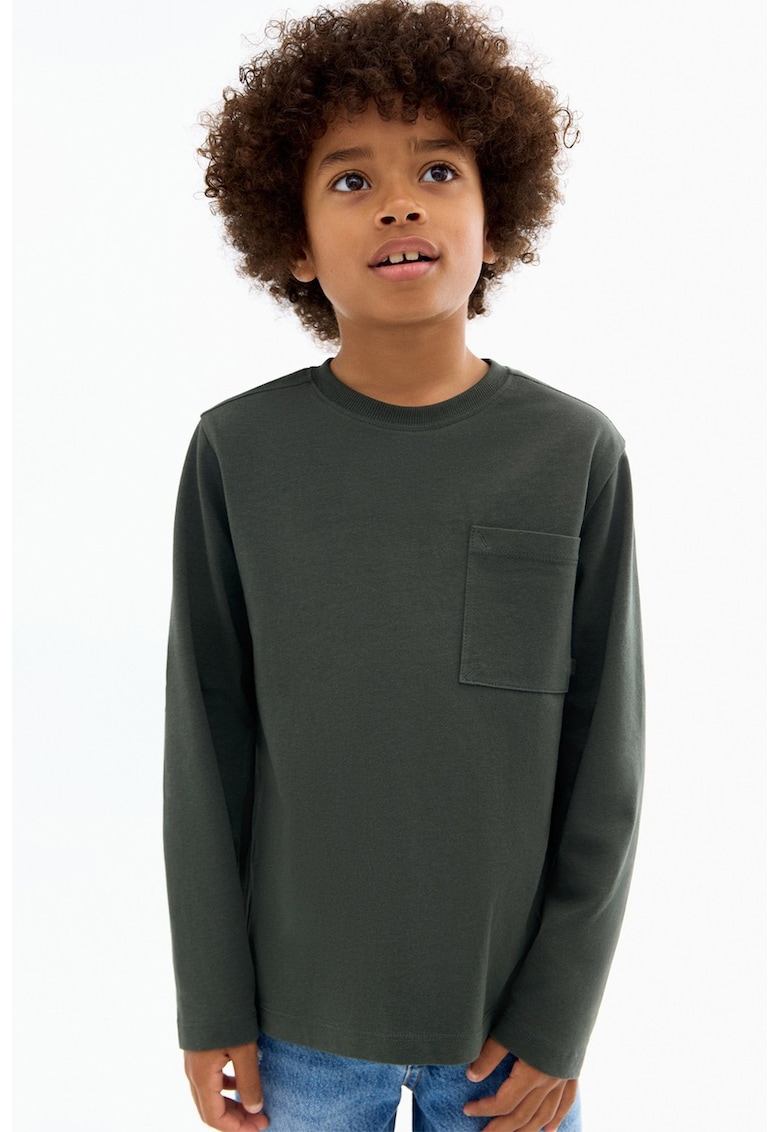 Bluza din bumbac cu buzunar pe piept - Kaki inchis