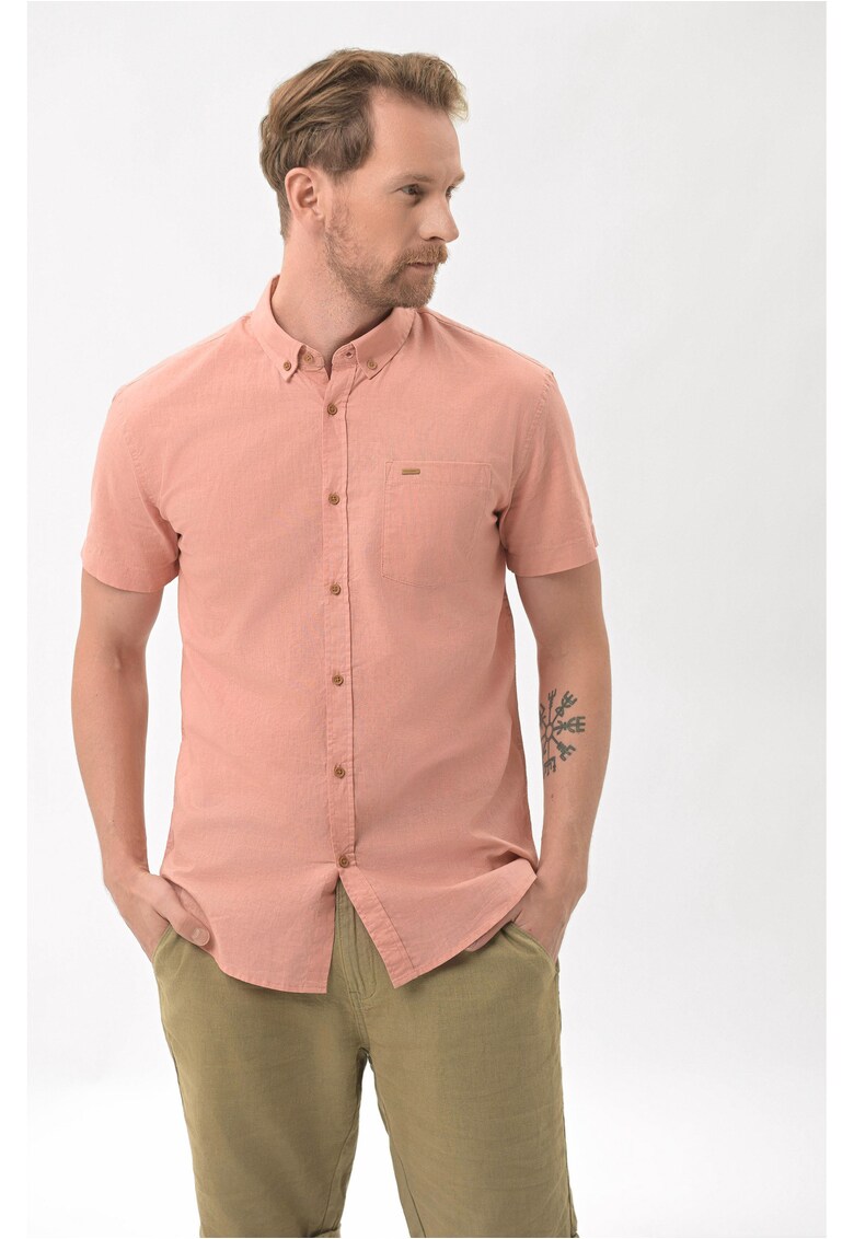 Camasa cu maneci scurte C-Lin pentru barbati - din bumbac si in - Roz - Regular Fit