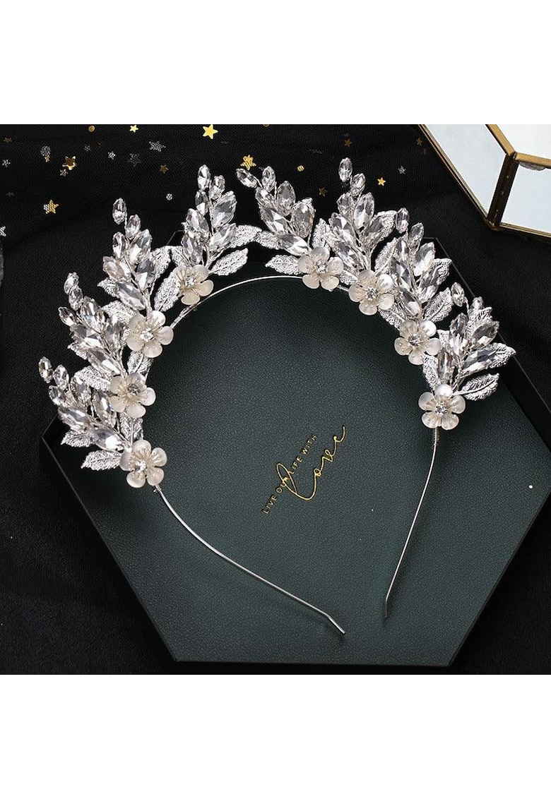 Coronita argintie - cu flori si pietre - Alexandrina C6 -