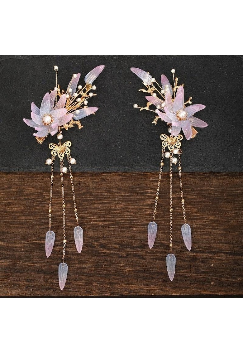 Set 2 accesorii par - aurii - cu flori mov - pietre si lanturi - Helga C7 -