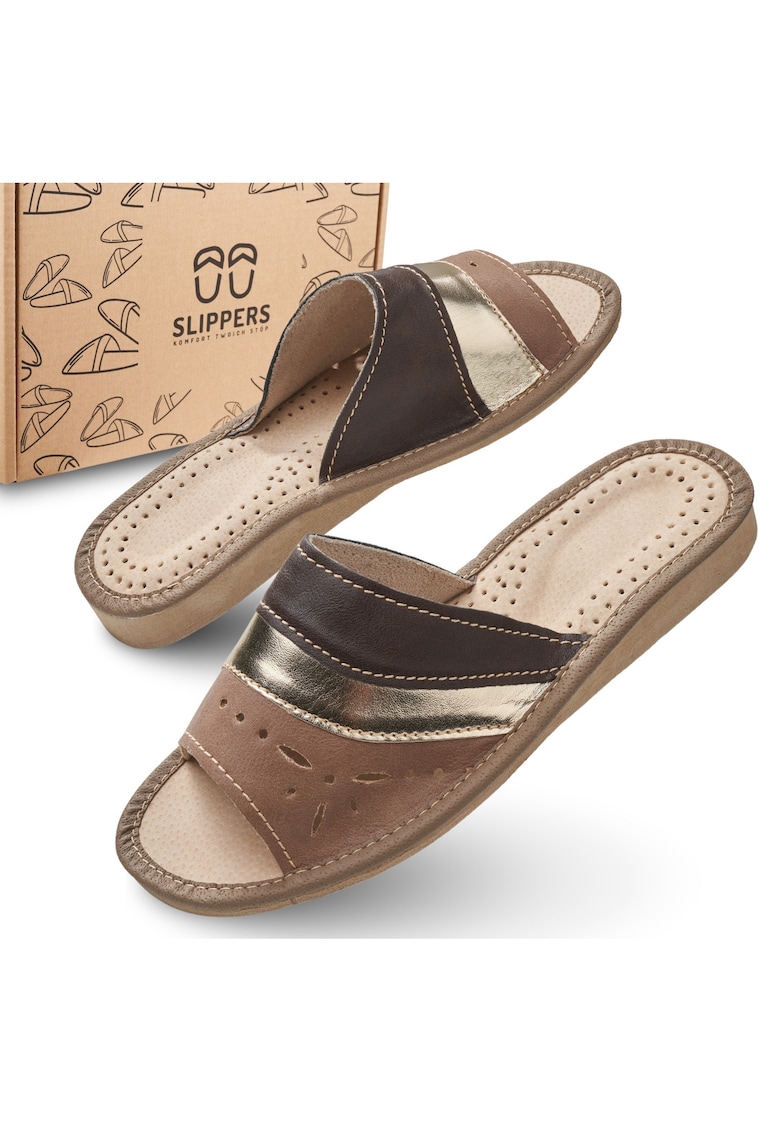 Slapi de dama - SLIP117 - pentru casa - maro cu bareta aurie - confortabili - in cutie ecologica - - Maro