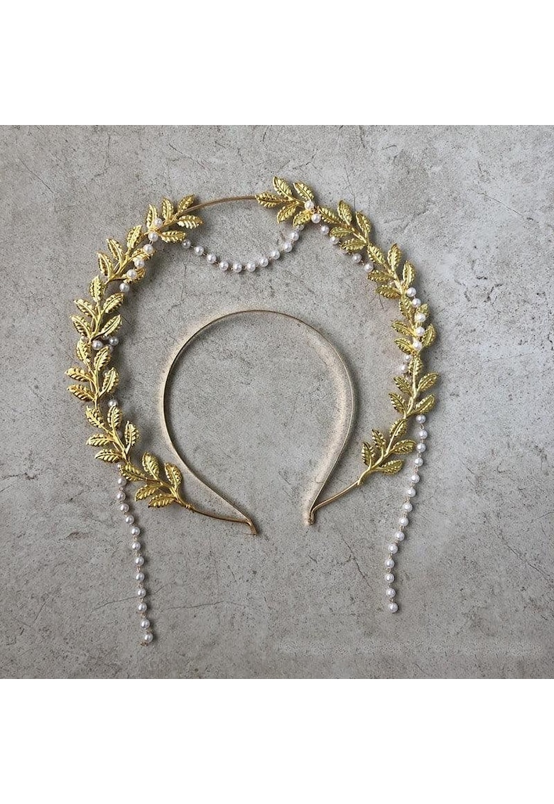 Tiara Halo - handmade - aurie - cu frunzulite si perle - Elvia C1 -
