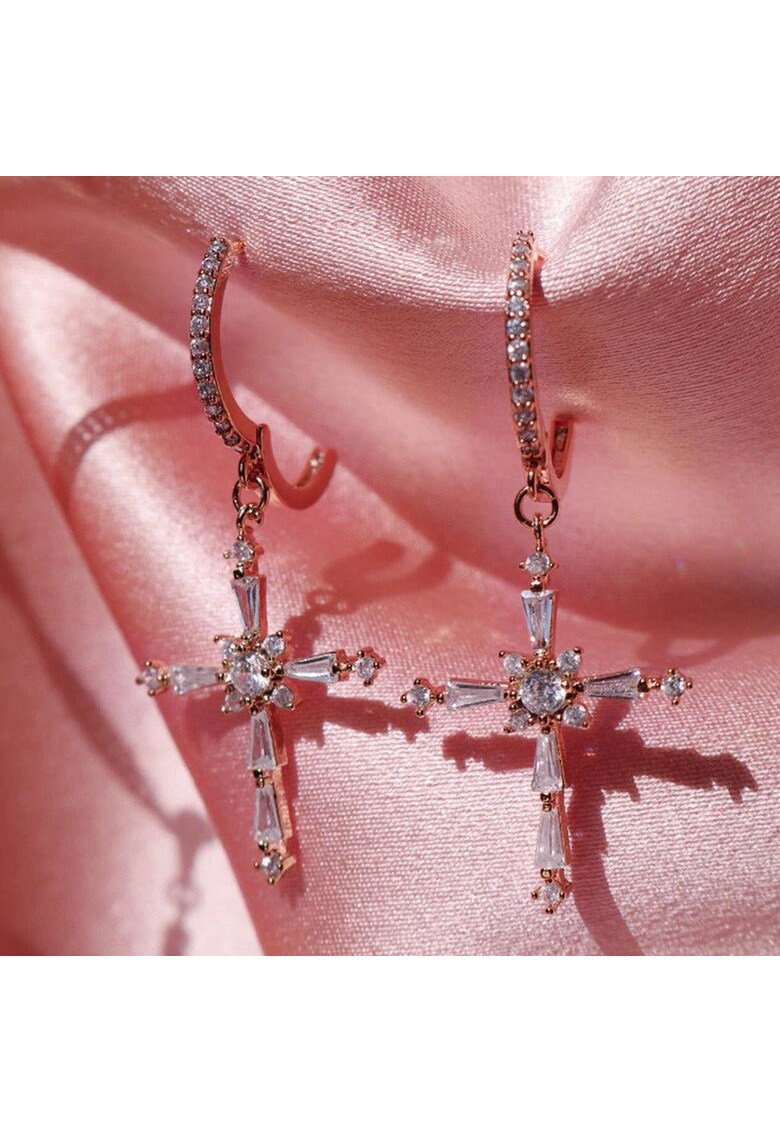 Cercei rose gold - forma de cruce - cu pietre din zirconiu - Conrad C7 -