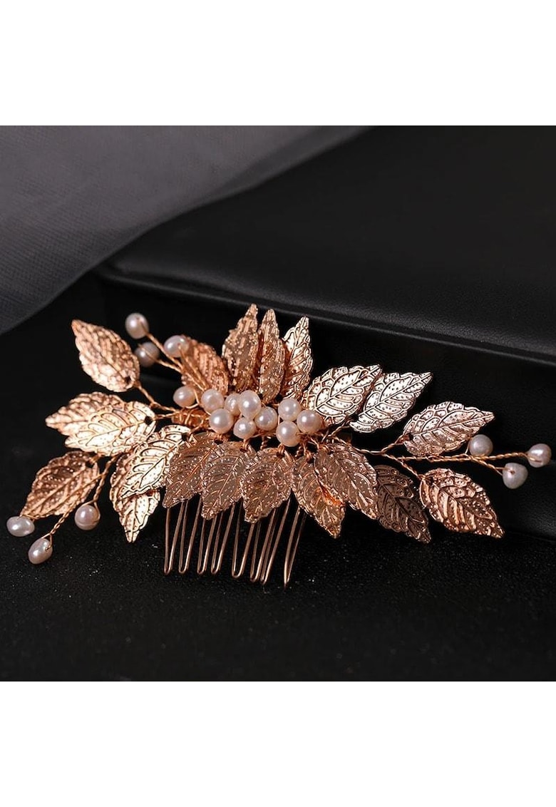 Accesoriu de par auriu cu frunzulite si perle -  Estrid C10 - 4x2cm - 19g