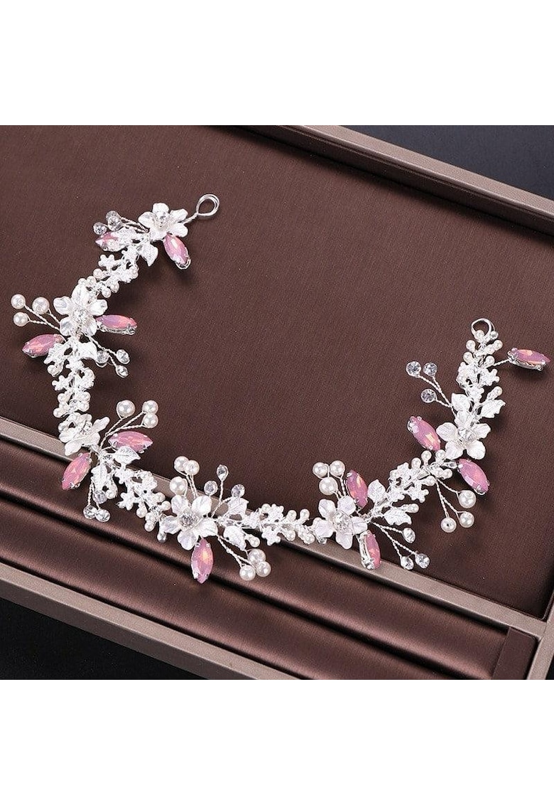 Accesoriu de par - argintiu - cu flori si pietre roz - Ares C9 -