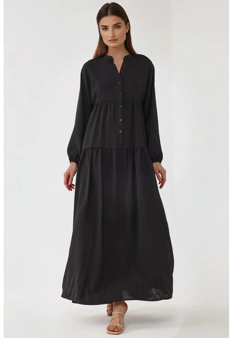 Rochie maxi - texturata - decolteu in V - negru - textil