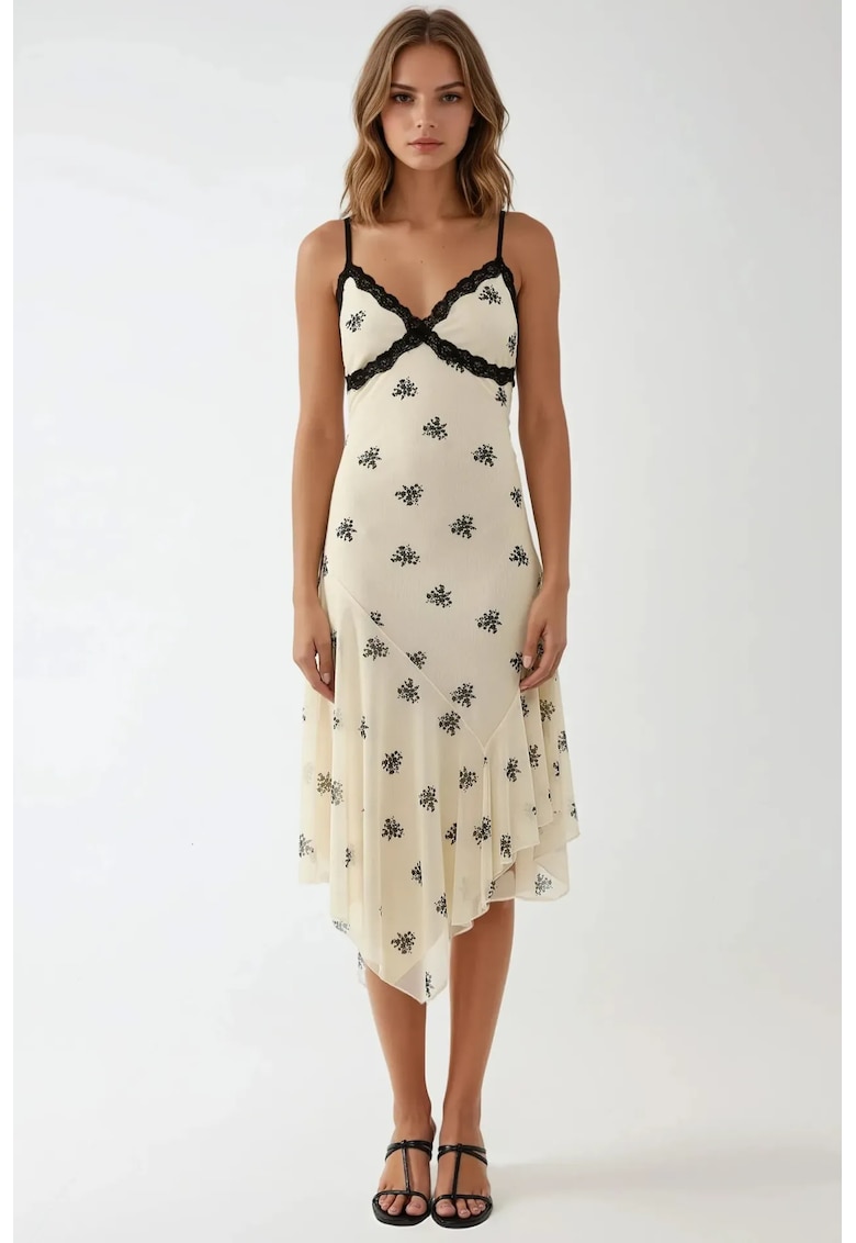 Rochie maxi - mulata - cu imprimeu - decolteu in V - alb - jerseu