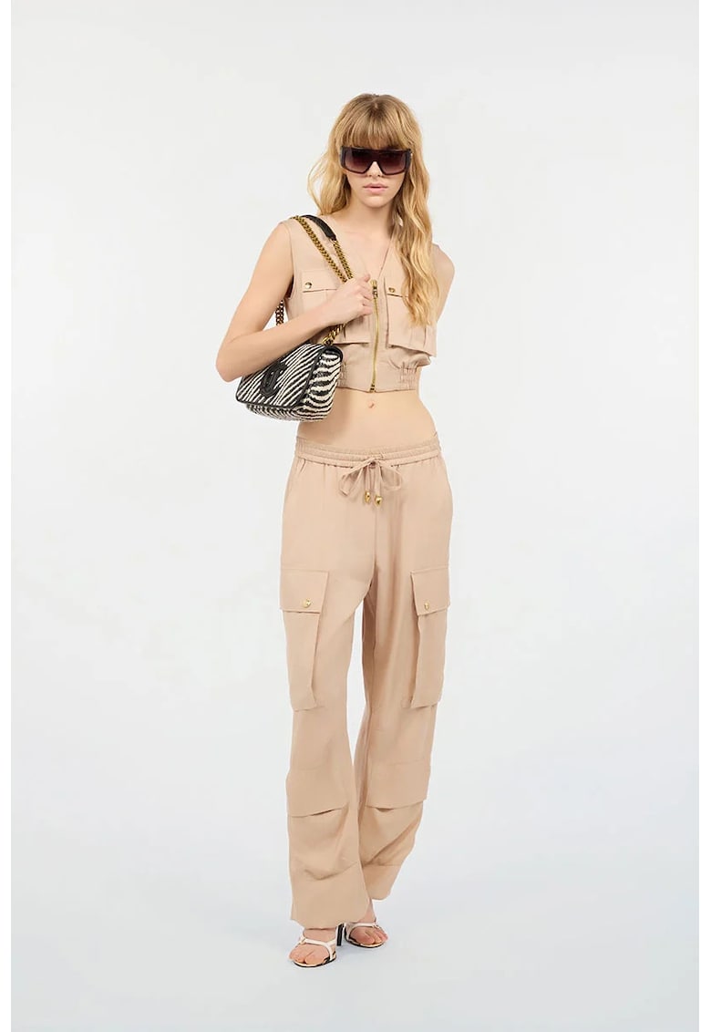 -Pantaloni cargo cu elastic în talie - Bej
