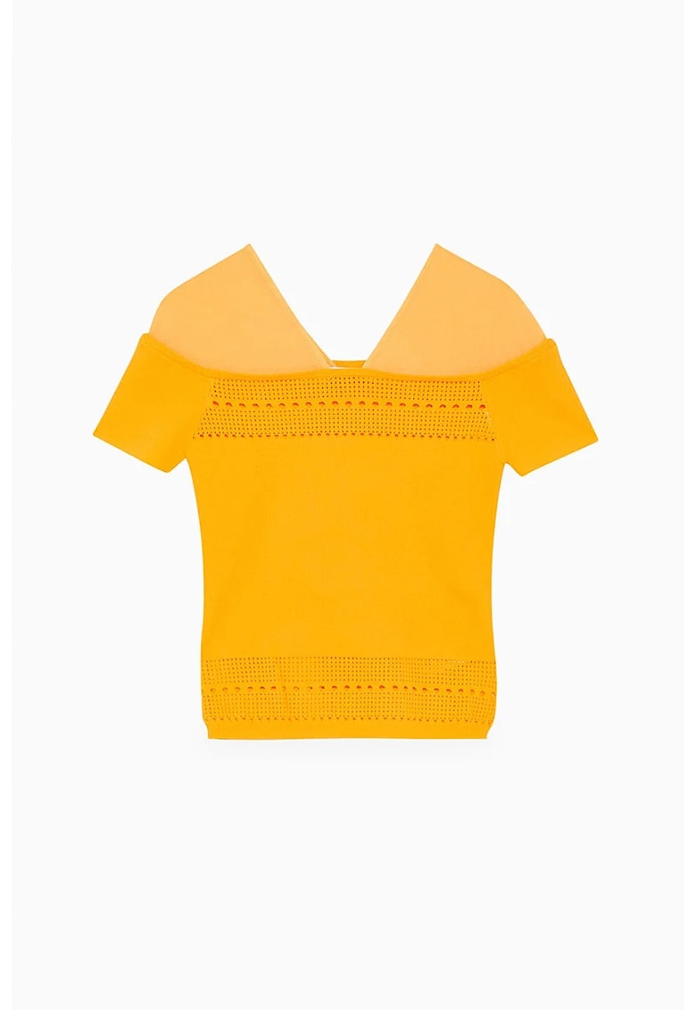 Tricou cu mânecă scurtă decolteu în V și partea superioară fabricată din tul Tricou cu mânecă scurtă decolteu în V și partea superioară fabricată din tul