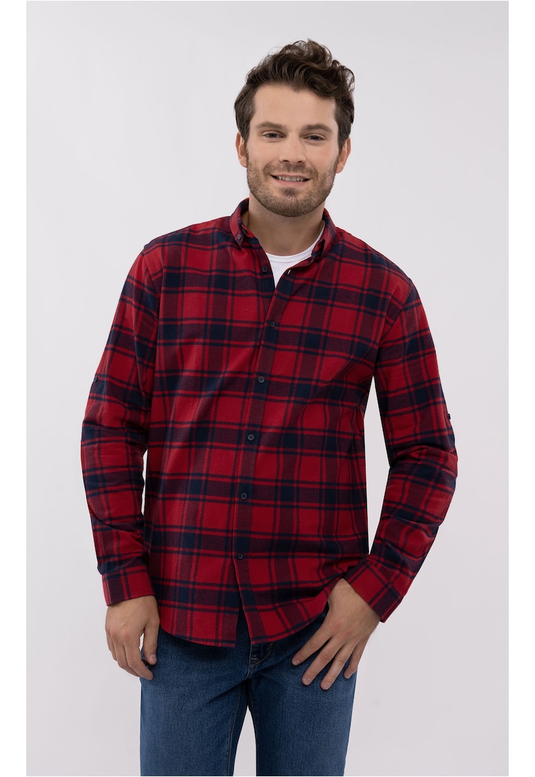 Camasa pentru barbati K-Iseo - bumbac - maneca lunga - rosu cu carouri - Regular Fit