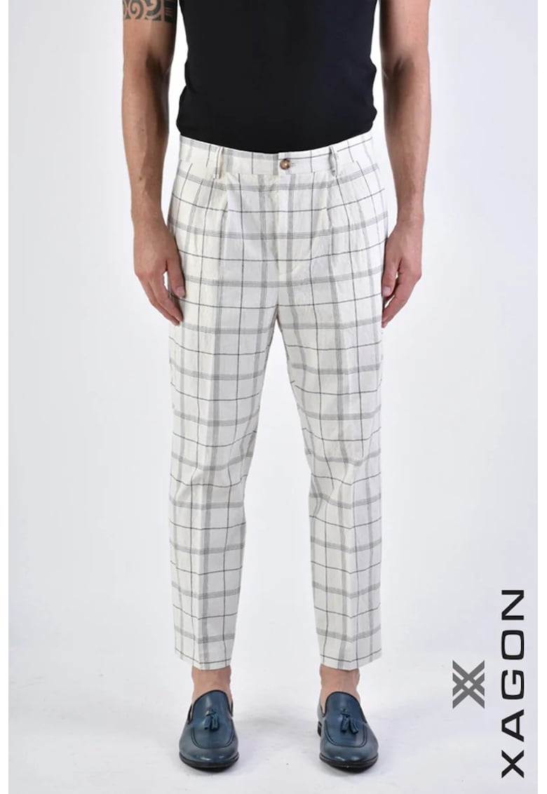 Pantaloni regular fit cu imprimeu în carouri - Crem