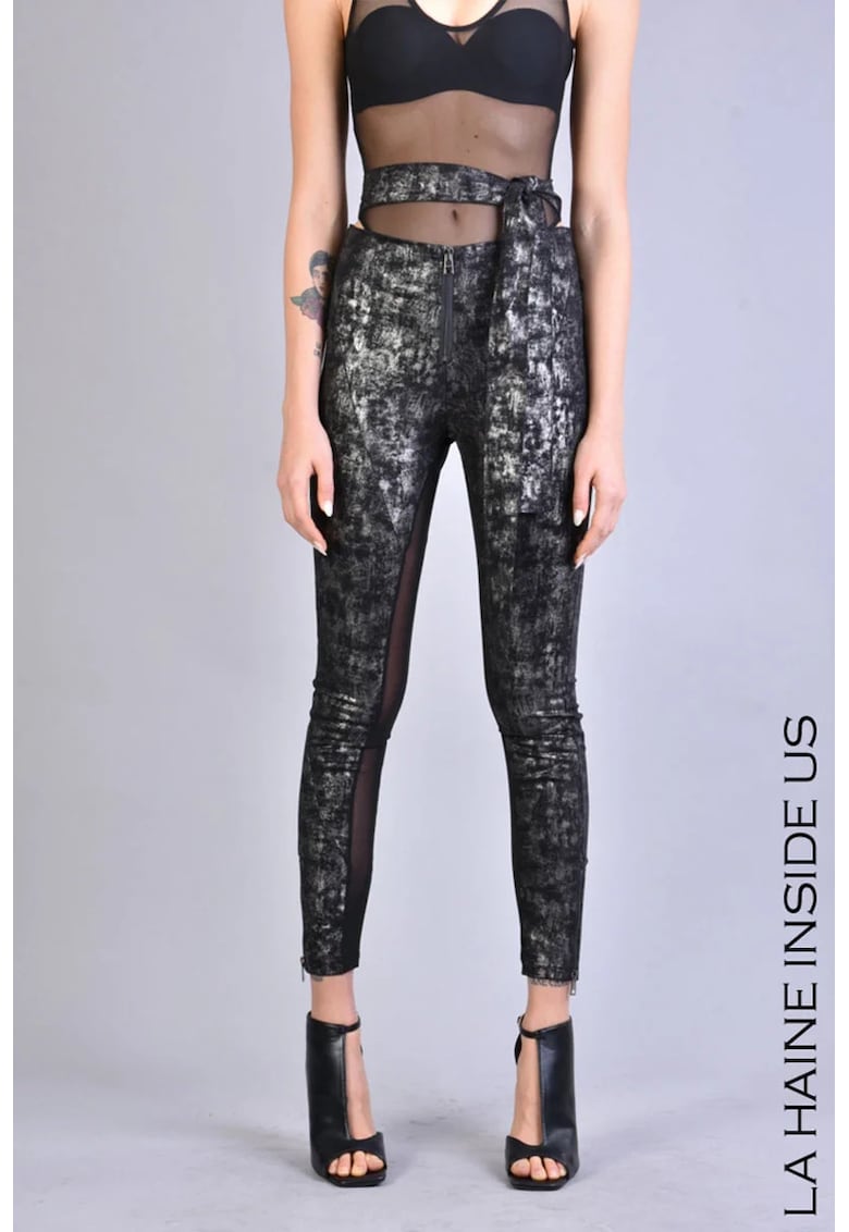 -Pantaloni cu detalii transparente - cordon în talie și închidere prin fermoar